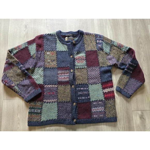 Vtg Eddie Bauer Deer Bay Blue Wool Multi-Color Patchwork Cardigan Sweater M - Picture 2 of 8